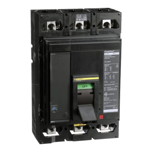 Schneider Electric MJL36800 Square D by Schneider Electric MJL36800 is a Moulded Case Circuit Breaker (MCCB) designed for individual unit mount on plate. It features a PowerPact M-Frame 800 ET1 (LI) 3P 800A 600Vac 25kA design with lugs on both load and line sides for connection. This MCCB has a net height of 210 mm, a net width of 153 mm, and a net depth of 204 mm. It operates with a rated current of 800A and a rated voltage of 600Vac 600Y/347Vac. The MJL36800 is equipped with three poles (3P) and offers a rated operating voltage (Ue) of 600 V. Its protection functions include Long-time protection (L) and Instantaneous protection (I), with a trip current rating of 800 AT and a frame current rating of 800 AF. The short circuit breaking rating is specified as 100kA at 240Vac, 65kA at 480Vac, 65kA at 480Y/277Vac, 25kA at 600Vac, and 25kA at 600Y/347Vac, all under UL489. The trip unit type is an electronic ET1.0 (LI) with no display, and it falls under utilisation category A. Protection settings are fixed at 800A for overload (L) and adjustable from 0.2 to 1 x In (1200A to 6000A) for instantaneous protection against short-circuit (I). MJL36800 on Powermatic Associates