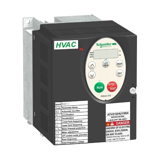 Schneider Electric ATV212HU15N4 Schneider Electric ATV212HU15N4 is a Variable Speed/Frequency Drive (VSD/VFD) / Inverter from the Altivar 212 series designed for variable speed and frequency control with a U/F ratio (2 points / energy saving) and sensorless flux vector control (standard / energy saving), capable of delivering 120% of the nominal motor torque. It features a built-in EMC filter (class C2 / class C3) and a built-in heatsink. The supply voltage ranges from 323-528Vac (380Vac / 400Vac / 480Vac / 500Vac nom.), and it has dimensions of H143mm x W107mm x D150mm. This model offers a degree of protection of IP21 UL type 1, with a rated current of 3.7A (480Vac; 1.5kW) and a maximum current of 2.5A for 60 seconds. It supports wall mounting and uses the Modbus, Metasys N2, Apogee FLN, and BACnet communication protocols over a 3-phase network with an output frequency range of 0.5-200 Hz. The device includes 1 analog output (0-10Vdc / 0-20mA), 3 digital inputs (24Vdc; sink/source), 2 digital outputs (1 C/O SPDT relay contact and 1 NO relay contact), and 2 analog inputs (0-10Vdc / 0-20mA / 4-20mA and 0-10Vdc / PTC). Its current consumption is 3.2A at 380Vac and 2.5A at 480Vac, with a rated active power of 1.5kW (2HP) and power dissipation/losses of 78 W. ATV212HU15N4 on Powermatic Associates