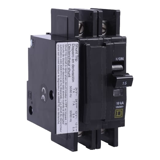 Schneider Electric QOU2501021 Square D by Schneider Electric QOU2501021 is a Miniature Circuit Breaker (MCB) designed for unit mount installation. It features a shunt trip coil, facilitating remote tripping of the breaker. This MCB is rated for a current of 50A and accommodates slotted box lugs connections on both the load and line sides. It is compatible with a cross-section of 14-2AWG for 1 cable Al/Cu. The QOU2501021 is a 2 Pole circuit breaker, suitable for systems with rated voltages of 48Vdc and 120V/240V AC. It operates within a control voltage range of 120Vac to 208Vac. The short circuit breaking rating stands at 10kA for 240Vac and 5kA for 48Vdc, with box lugs as the type of terminals. QOU2501021 on Powermatic Associates