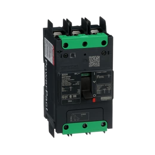 Schneider Electric BDF36020 Square D by Schneider Electric BDF36020 is a Moulded Case Circuit Breaker (MCCB) within the PowerPacT BDF sub-range, featuring a PowerPact B-Frame 100 TMD 3P-3t design. It has a rated current of 20A and operates at a rated voltage of 600Vac 600Y/347Vac, with a rated impulse voltage (Uimp) of 8 kV. This MCCB offers a connection via a Term. nut kit for fixed busbar connection on both line and load sides and provides a degree of protection of IP40. It is designed for mounting either fixed on a DIN rail or as an individual unit mount on a plate, with a 3-pole (3P) configuration. The MCCB has a net height of 137 mm, a net depth of 80 mm, and a net width of 81 mm. It falls under utilisation category A and features protection settings including over-current fixed at 20A, short-circuit hold current fixed at 400A, and short-circuit trip current fixed at 600A. The rated insulation voltage (Ui) is 800 V, with a rated operating voltage (Ue) of 525 V, and it offers thermal and magnetic protection functions. The trip current rating is 20 AT, with a frame current rating of 100 AF. It operates via a toggle (manual) and has a short circuit breaking rating of 25kA at 240Vac, 18kA at 480Vac and 480Y/277Vac, and 14kA at 600Y/347Vac according to UL489 standards. The trip unit type is thermal-magnetic (fixed) with no display. BDF36020 on Powermatic Associates