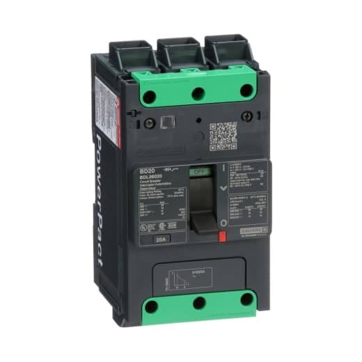 Schneider Electric BDL36020 Square D by Schneider Electric BDL36020 is a Moulded Case Circuit Breaker (MCCB) within the PowerPacT BDL sub-range, featuring a PowerPact B-Frame 100 TMD 3P 20A design for 600Y/347Vac with a 14kA breaking capacity and 80% rated Everlink (Creep compensating) lugs on both line and load sides. It has a rated impulse voltage (Uimp) of 8 kV and offers a degree of protection of IP40. The rated current is 20A, with a rated voltage (AC) of 600Vac 600Y/347Vac. This MCCB has a mechanical durability of 20,000 operations when not under load and can be mounted either on a DIN rail or as an individual unit on a plate. It features 3 poles (3P) and has dimensions of 137 mm in height, 80 mm in depth, and 81 mm in width. The utilisation category is A. Protection settings include over-current fixed at 20A, short-circuit hold current fixed at 400A, and short-circuit trip current fixed at 600A. The rated voltage (DC) is 250Vdc, with a rated insulation voltage (Ui) of 800 V and a rated operating voltage (Ue) of 525 V. Protection functions encompass thermal protection for overload and magnetic protection for short-circuits, with a trip current rating of 20 AT. Its electrical durability with load is rated at 10,000 operations at 440Vac; In. The frame current rating is 100 AF, and it operates via a toggle (manual) mode. The short circuit breaking rating varies by voltage: 25kA at 240Vac, 18kA at 480Vac and 480Y/277Vac, 14kA at 600Y/347Vac, and 10kA at 250Vdc, all according to UL489 standards. The trip unit type is thermal-magnetic (fixed) with no display. BDL36020 on Powermatic Associates
