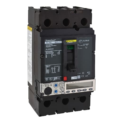Schneider Electric JGL36250U43X Square D by Schneider Electric JGL36250U43X is a Moulded Case Circuit Breaker (MCCB) within the PowerPacT JGL sub-range, featuring a PowerPact J-Frame 250 Micrologic 5.2A (LSI) design. It is a 3-pole (3P) device with a rated current of 250A and a rated insulation voltage (Ui) of 750V. The rated voltage for AC is 600Vac 600Y/347Vac, and for DC, it is 500Vdc. This unit is designed for individual unit mount on plate, with a net height of 191 mm, width of 105 mm, and depth of 127 mm. It offers a degree of protection of IP40 and operates with a toggle (manual) mode. The protection functions include Long-time (L), Short-time with fixed time delay (S), Instantaneous (I), and Zone Selective Interlocking (ZSI). Protection settings are adjustable, with L protection against overload adjustable from 0.3 to 1 x In (70A to 250A), S protection against short-circuit with time delay adjustable from 1.5 to 10 x Ir (375A to 2500A), and I protection against short-circuit adjustable from 1.5 to 12 x In (375A to 3000A). The rated operating voltage (Ue) is 690 V, with a rated impulse voltage (Uimp) of 8 kV. The trip current rating is 250 AT, and the frame current rating is 250 AF. The short circuit breaking rating varies with voltage, up to 65kA at 240Vac according to UL489 standards. The trip unit features an electronic Micrologic Ammeter 5.2A (LSI) with an LCD display, offering current measurements for phases and neutral, RMS instantaneous current, current unbalance between phases, highest RMS current of the 3 phases, ground fault current, and demand/peak current values with an adjustable calculation window of 5-60min. The utilisation category is A, and it includes lugs on both load and line sides for connection. JGL36250U43X on Powermatic Associates