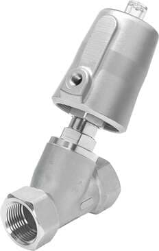 Festo 1002521 angle seat valve VZXF-L-M22C-M-B-G112-350-M1-V4V4T-50-6 Pneumatically actuated angle seat valve in stainless steel. Under seat version, safety position closed, G thread, nominal width 1 1/2". Design structure: Poppet valve with piston actuator, Type of ac 1002521 on Powermatic Associates
