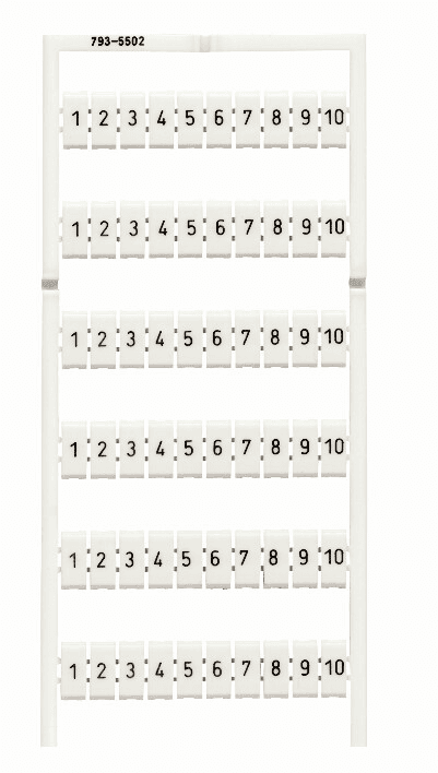 WAGO 793-5502 793-5502 WAGO - WMB marking card; as card; MARKED; 1 ... 10 (10x); stretchable 5 - 5.2 mm; Horizontal marking; snap-on type; white 793-5502 on Powermatic Associates