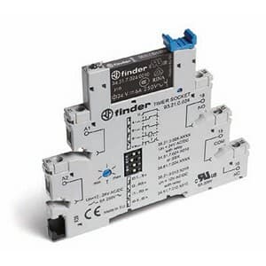 Finder 38.21.0.024.8240 Finder 38.21.0.024.8240 is a Solid State Relay (SSR) designed with a single Normally Open (NO) circuit and utilizes a box-clamp connection type. It is rated for a current of 2A at 240Vac in AC-1 operation and supports a control voltage of 24Vdc. This SSR is designed for single pole single throw - normally open (SPST-NO) operation, with a rated voltage for AC at 240Vac and for DC at 24Vdc. It operates efficiently within an ambient air temperature range of -40 to +55°C and is suitable for storage in the same temperature conditions. The relay features a compact design with dimensions including a pole width of 6.2 mm. It offers protection with an IP20 rating and is equipped for zero-cross switching capability, suitable for AC switching. The 38.21.0.024.8240 is designed for easy installation on a DIN rail or through plug-in mounting, adhering to the EN61984 communication protocol for digital outputs. 38.21.0.024.8240 on Powermatic Associates