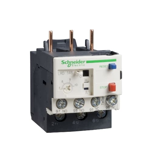 Schneider Electric LRD146 Schneider Electric LRD146, part of the LRD sub-range, is a differential thermal overload relay designed for direct connection to a contactor and features screw-clamp terminals for the control circuit. This 3-pole device offers Class 10A protection functions with a rated current of 7-10 A. It includes protection settings for thermal overload within the range of 7-10A. The LRD146 is equipped with 1 Normally Open (NO) and 1 Normally Closed (NC) auxiliary contacts. It supports a rated voltage (AC) of up to 690 V at frequencies ranging from 0 to 400Hz. The minimum operating current is 7 A, and the maximum current capacity is 10 A. LRD146 on Powermatic Associates