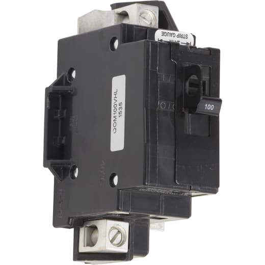 Schneider Electric QOM100VHL Square D by Schneider Electric QOM100VHL is a Miniature Circuit Breaker (MCB) designed for primary or main circuit protection. It features a bolt-on mounting mode and a bolt-on connection type, ensuring secure installation. This MCB is rated for a current of 100A and can accommodate a cable cross-section of 4-2/0AWG (1 cable Al/Cu), making it suitable for a variety of wiring needs. It operates on a rated voltage of 120V to 240V AC and is equipped with two poles. The QOM100VHL has a short circuit breaking rating of 22kA at 240Vac, and it utilizes lugs as its type of terminals for connecting to the circuit. QOM100VHL on Powermatic Associates