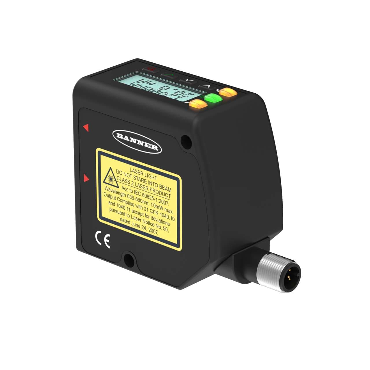 Banner LTF12UC2LDQP-801519 Laser Diffuse Time-of-Flight Sensor; Range: 50-12000 mm; Input: 12-30 V dc; Output: Analog: 0-10 V; Class 2 Laser; Discrete: NPN/PNP Configurable; Pigtail QD; Display from mm to inches, Lockout Buttons LTF12UC2LDQP-801519 on Powermatic Associates