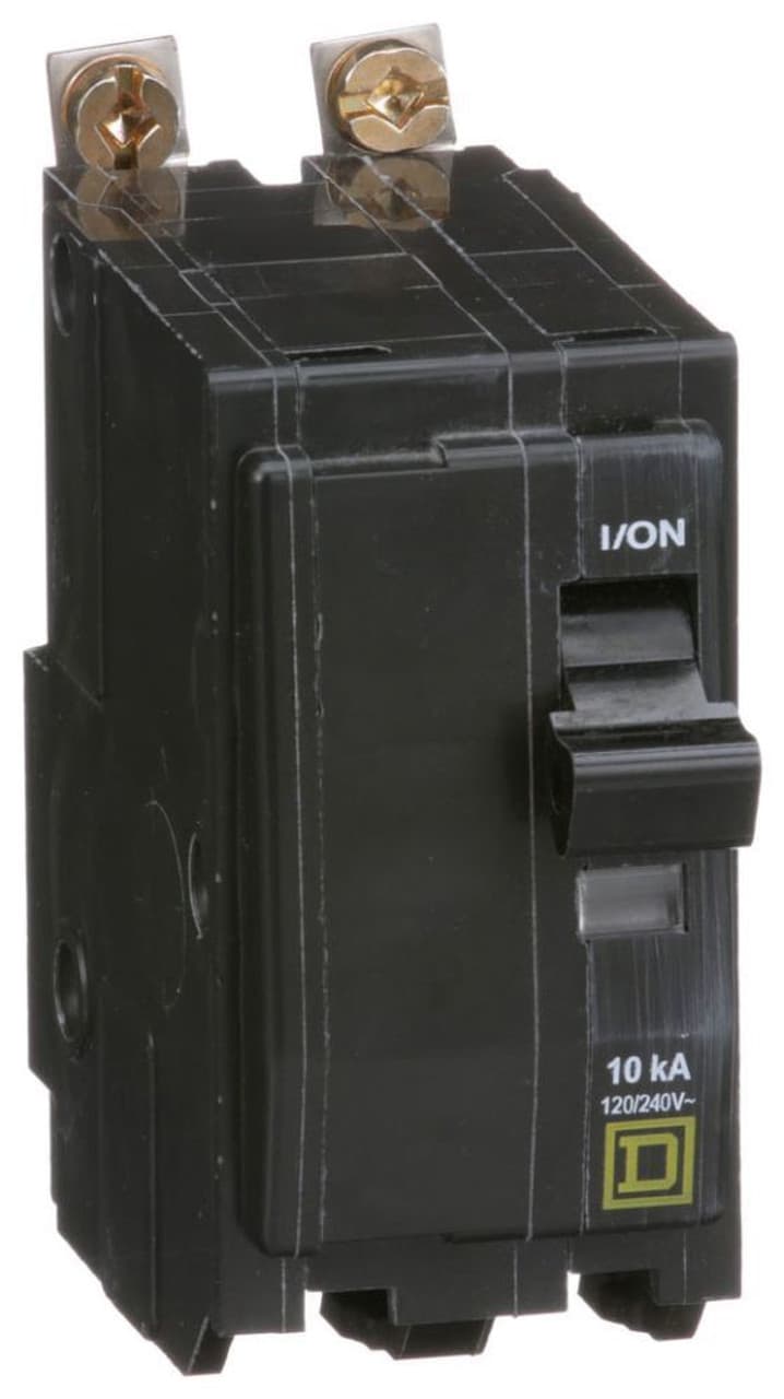 Schneider Electric QOB210 Square D by Schneider Electric QOB210 is a Miniature Circuit Breaker (MCB) designed for bolt-on mounting. It features a rated current of 10A and accommodates a bolt-on connection type. This MCB is compatible with a voltage rating of 48Vdc and 120V/240V AC, supporting a cross-section of 14-8AWG for 1 cable Al/Cu. It is a 2 Pole device with a short circuit breaking rating of 10kA at 240Vac and 5kA at 48Vdc. The terminals are of the press plate type. QOB210 on Powermatic Associates