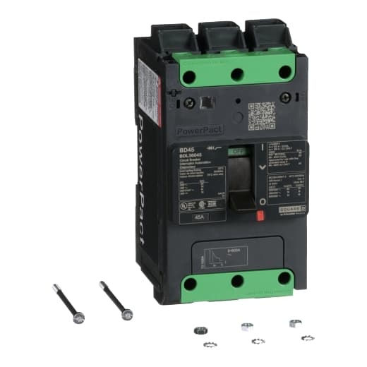 Schneider Electric BDL36045 Square D by Schneider Electric BDL36045 is a Moulded Case Circuit Breaker (MCCB) within the PowerPacT BDL sub-range, featuring a PowerPact B-Frame 100 TMD 3P 45A design for 600Y/347Vac with a 14kA breaking capacity and 80% rated Everlink (Creep compensating) lugs on both line and load sides. It has a rated impulse voltage (Uimp) of 8 kV and offers an IP40 degree of protection. The rated current is 45A, with a rated voltage (AC) of 600Vac 600Y/347Vac. It boasts a mechanical durability of 20,000 operations at no load and can be mounted on a DIN rail or as an individual unit on a plate. This 3-pole (3P) circuit breaker has dimensions of 137 mm in height, 80 mm in depth, and 81 mm in width. It falls under utilisation category A and features over-current protection fixed at 45A, short-circuit hold current fixed at 400A, and short-circuit trip current fixed at 600A. The rated voltage (DC) is 250Vdc, with a rated insulation voltage (Ui) of 800 V and a rated operating voltage (Ue) of 525 V. Protection functions include thermal protection for overload and magnetic protection for short-circuits, with a trip current rating of 45 AT. Its electrical durability with load is rated for 10,000 operations at 440Vac; In. The frame current rating is 100 AF, and it operates via a toggle (manual) mechanism. The short circuit breaking rating varies by voltage, with 25kA at 240Vac, 18kA at 480Vac and 480Y/277Vac, 14kA at 600Y/347Vac, and 10kA at 250Vdc, all according to UL489 standards. The trip unit type is thermal-magnetic (fixed) without a display. BDL36045 on Powermatic Associates