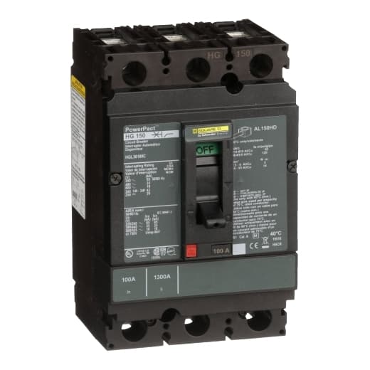 Schneider Electric HGL36100C Square D by Schneider Electric HGL36100C is a Moulded Case Circuit Breaker (MCCB) within the PowerPacT HGL sub-range, featuring a PowerPact H-Frame 150 TMD design. It is a 3-pole (3P) device with a rated current of 100A and offers thermal protection for overload and magnetic protection for short-circuit scenarios. The breaker is designed for a rated insulation voltage (Ui) of 750 V, with an AC rated voltage of 600Vac and 600Y/347Vac, and a DC rated voltage of 500Vdc. It supports a mounting mode of individual unit mount on plate, with dimensions of 163 mm in height, 104 mm in width, and 86 mm in depth. The device has an IP40 degree of protection and operates manually via a toggle. Protection settings include over-current fixed at 100A, short-circuit hold current fixed at 900A, and short-circuit trip current fixed at 1700A. The rated operating voltage (Ue) is 690 V, with a rated impulse voltage (Uimp) of 8 kV. The trip current rating is 100 AT, with a frame current rating of 150 AF. It has a short circuit breaking rating of 65kA at 240Vac, 35kA at 480Vac and 480Y/277Vac, 18kA at 600Vac and 600Y/347Vac, and 20kA at 250Vdc and 500Vdc, all according to UL489 standards. The trip unit type is thermal-magnetic (fixed) with no display, and it falls under the utilisation category A. Connections are made via lugs on both load and line sides. HGL36100C on Powermatic Associates