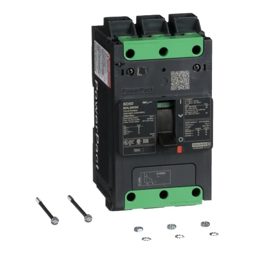 Schneider Electric BDL36050 Square D by Schneider Electric BDL36050 is a Moulded Case Circuit Breaker (MCCB) within the PowerPacT BDL sub-range, featuring a PowerPact B-Frame 100 TMD 3P 50A 600Y/347Vac 14kA design. It has a rated impulse voltage (Uimp) of 8 kV and utilizes Everlink (Creep compensating) lugs for both line and load connections, offering a degree of protection rated at IP40. The breaker is designed for a rated current of 50A and a rated voltage (AC) of 600Vac 600Y/347Vac, with mechanical durability rated for 20,000 operations at no load. It can be mounted either on a DIN rail or as an individual unit on a plate, featuring 3 poles (3P) and dimensions of 137 mm in height, 80 mm in depth, and 81 mm in width. It falls under utilisation category A and provides protection settings for over-current fixed at 50A, short-circuit hold current fixed at 480A, and short-circuit trip current fixed at 720A. The rated voltage (DC) is 250Vdc, with a rated insulation voltage (Ui) of 800 V and a rated operating voltage (Ue) of 525 V. Protection functions include thermal protection for overload and magnetic protection for short-circuits, with a trip current rating of 50 AT. Its electrical durability with load is rated for 10,000 operations at 440Vac; In, and it has a frame current rating of 100 AF. The operating mode is manual toggle, and it has a short circuit breaking rating of 25kA at 240Vac, 18kA at 480Vac, 18kA at 480Y/277Vac, and 14kA at both 600Y/347Vac and 250Vdc, all according to UL489 standards. The trip unit type is thermal-magnetic (fixed) with no display. BDL36050 on Powermatic Associates