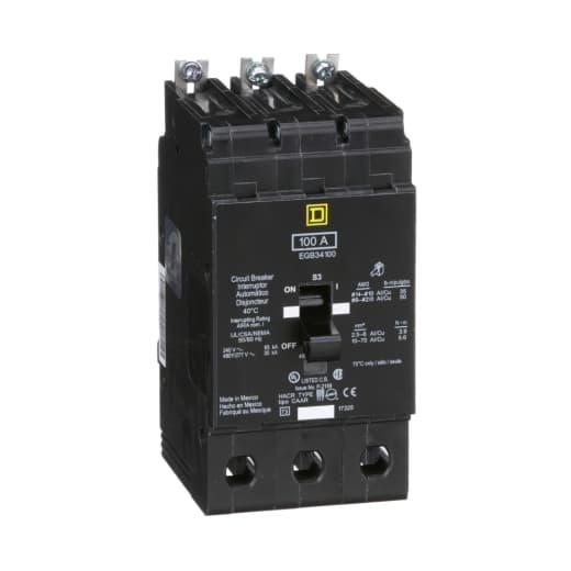 Schneider Electric EGB34100 Square D by Schneider Electric EGB34100 is a Miniature Circuit Breaker (MCB) designed for bolt-on mounting with a visual trip indicator. It features lugs type terminals and operates at a rated voltage of 480 V AC. This MCB is equipped with short-circuit and overload protection functions, serving as both an Equipment Protection Device (EPD) and a Circuit Breaker (CB) with a breaking capacity code G. It offers an aluminium lugs connection and supports a rated current of 100A across 3 poles. The cross-section compatibility ranges from 12 to 2/0 AWG. The EGB34100 has a short circuit breaking rating of 65kA at 120Vac and 240Vac, and 35kA at 480Y/277Vac. It utilizes a thermal-magnetic trip unit with protection settings at a trip unit rating of 2300A. EGB34100 on Powermatic Associates