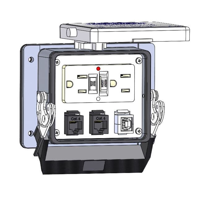Mencom GF-2RJ45-USB-BFAF-32 Panel Interface Connector with GFCI Duplex outlet, (2) RJ45, USB-BFAF, in a 32 housing GF-2RJ45-USB-BFAF-32 on Powermatic Associates