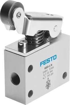 Festo 3634 one-way flow control valve GGO-1/4-3/8 With roller lever and adjustable basic flow rate Valve function: One-way flow control function, Pneumatic connection, port 1: G1/4, Pneumatic connection, port 2: G1/4, Type of actuation: mechanical, Adjusting eleme 3634 on Powermatic Associates