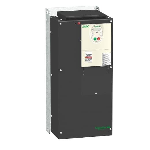 Schneider Electric ATV212HD45N4 Schneider Electric ATV212HD45N4 is a Variable Speed/Frequency Drive (VSD/VFD) / Inverter from the Altivar 212 series, designed for variable speed and frequency control with a U/F ratio (2 points / energy saving) and sensorless flux vector control (standard / energy saving). It delivers 120% of the nominal motor torque and features a built-in EMC filter (class C2 / class C3) and a built-in heatsink. This model operates on a supply voltage of 323-528Vac (380Vac / 400Vac / 480Vac / 500Vac nom.), with dimensions of H550mm x W240mm x D244mm, and offers a degree of protection of IP21 UL type 1. The rated current is 94A (480Vac; 45kW) with a maximum current of 65.9A for 60 seconds. It supports wall mounting and uses the Modbus, Metasys N2, Apogee FLN, and BACnet communication protocols over a 3-phase network with an output frequency range of 0.5-200 Hz. The device includes 1 analog output (0-10Vdc / 0-20mA), 3 digital inputs (24Vdc; sink/source), 2 digital outputs (1 C/O SPDT relay contact and 1 NO relay contact), and 2 analog inputs (0-10Vdc / 0-20mA / 4-20mA and 0-10Vdc / PTC). Current consumption is 83.8A at 380Vac and 65.9A at 480Vac, with a rated active power of 45kW (60HP) and power dissipation/losses of 1253 W. ATV212HD45N4 on Powermatic Associates