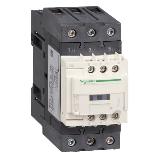 Schneider Electric LC1D50AX7 Schneider Electric LC1D50AX7 is a magnetic contactor from the Deca sub-range, featuring EverLink(TM) terminal design and screw connections. It is a 3-pole (3P; 3NO) contactor with a rated current of 80A for AC-1 and 50A for 440Vac in AC-3. Designed for DIN rail mounting, it has a net width of 55 mm and offers an IP20 degree of protection. The control voltage ranges from 480-660Vac at 50Hz and 510-660Vac at 60Hz, with a nominal control voltage of 600Vac. The rated operating voltage (Ue) is 690 V, and it includes 1 normally open (NO) auxiliary contact and 1 normally closed (NC) auxiliary contact, both of the instantaneous type (1NO+1NC). The rated impulse voltage (Uimp) is 6 kV. Its rated active power spans from 15kW at 220-230Vac to 33kW at 660-690Vac in AC-3. The rated power in horsepower (HP) varies from 3HP at 115Vac in single-phase to 40HP at 575-600Vac in three-phase, under UL/CSA standards. This contactor is built for mechanical durability of 6,000,000 operations and electrical durability of 1,450,000 operations with load, with a phase-to-phase rated voltage of 690 V. LC1D50AX7 on Powermatic Associates