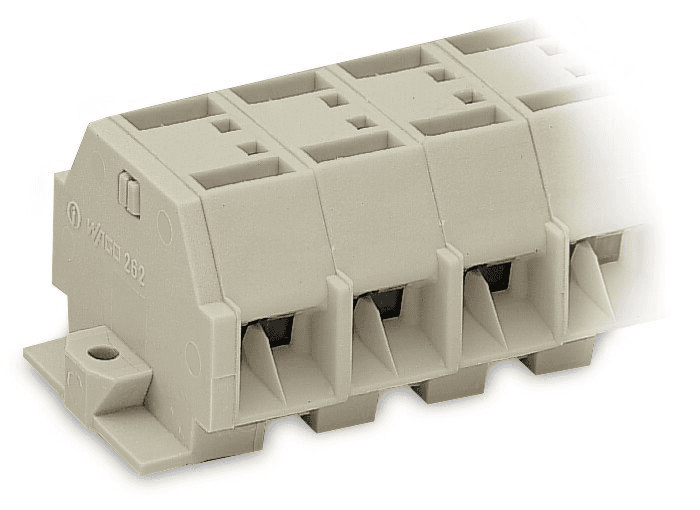 WAGO 262-239 262-239 WAGO - 4-conductor terminal strip; without push-buttons; suitable for Ex e II applications; with fixing flanges; 9-pole; Fixing hole 3.2 mm Ø; 4 mm²; CAGE CLAMP®; 4,00 mm²; light gray 262-239 on Powermatic Associates