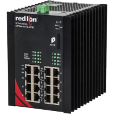 Red Lion NT24K-16TX-POE-PT Red Lion NT24k-16TX-POE-PT is a Gigabit (GbE/GigE) industrial managed Ethernet switch designed for robust and complex network environments. It supports SNMP v1, v2, v3, and Web Browser Management for enhanced security and network management, including SSH/SSL/HTTPS and 802.1x with RADIUS Remote Server Authentication. The switch features Multi-Member N-Ring Technology ensuring a 30ms healing time, N-Link Redundant Ring Technology, and N-View Monitoring Technology for optimal network performance and monitoring. It is equipped with EtherNet/IP CIP Messaging, Web configuration, IGMP Auto Configuration, 802.1Q tag VLAN and Port VLAN, 802.1p QoS and Port QoS, SNTP, Event Log/Syslog, Port Trunking, and Port Mirroring for comprehensive network management and configuration options. The switch supports 802.1d, 802.1w, 802.1D RSTP, DHCP Client, and Local Port IP Addressing, ensuring versatile and efficient network setups. Designed for DIN rail mounting, it operates within an ambient air temperature range of -40 to +80°C. This model, part of the N-Tron NT24k PoE series, features a PTP version design with a metallic case, and it is powered by a supply voltage of 22-49Vdc (24Vdc / 48Vdc). It offers 16 RJ45 ports (10/100/1000BaseTX; IEEE 802.3af/at (PoE+)) for connectivity, accommodating a 16-port connection capacity and utilizing Ethernet as its communication protocol. NT24K-16TX-POE-PT on Powermatic Associates