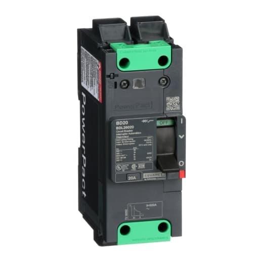 Schneider Electric BDL26020 Square D by Schneider Electric BDL26020 is a Moulded Case Circuit Breaker (MCCB) within the PowerPacT BDL sub-range, featuring a PowerPact B-Frame 100 TMD 2P 20A 600Y/347Vac design with a 14kA short circuit breaking rating and Everlink (Creep compensating) lugs on both line and load sides for connection. It has a rated impulse voltage (Uimp) of 8 kV, degree of protection IP40, rated current of 20A, and operates at a rated voltage of 600Vac 600Y/347Vac. This MCCB offers mechanical durability of 20,000 operations at no load and can be mounted either on a DIN rail or as an individual unit on a plate. It features 2 poles (2P), with dimensions of 137 mm in height, 80 mm in depth, and 54 mm in width. The utilisation category is A, with protection settings including over-current fixed at 20A, short-circuit hold current fixed at 400A, and short-circuit trip current fixed at 600A. It also provides thermal protection (overload) and magnetic protection (short-circuit) with a trip current rating of 20 AT. The electrical durability with load is rated for 10,000 operations at 440Vac; In, and it has a frame current rating of 100 AF. The operating mode is manual toggle, and the trip unit type is thermal-magnetic (fixed) without a display. BDL26020 on Powermatic Associates