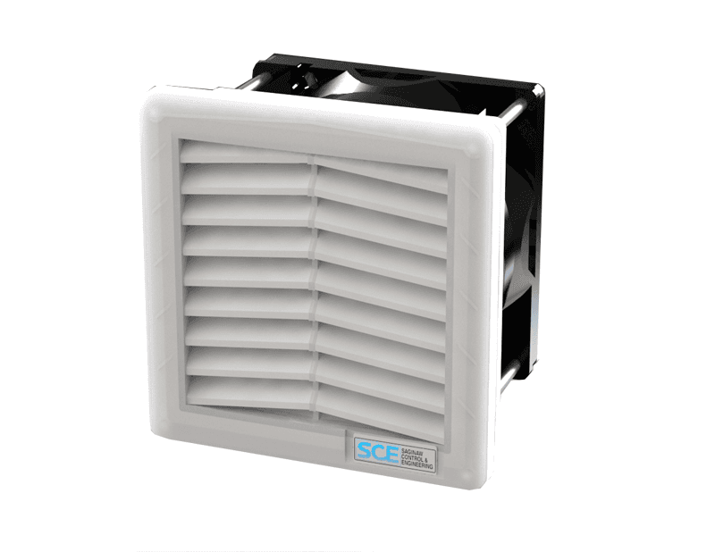 Saginaw Control SCE-N12FA33-24VLG Filter Fan. 24V DC, 29 CFM, Height:4.20", Width:4.20", Depth:3.10", SCE-N12FA33-24VLG on Powermatic Associates