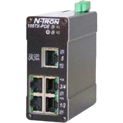 Red Lion 105TX-POE Red Lion 105TX-POE is an industrial Ethernet switch designed for automation networks. It operates with a supply voltage of 46-49Vdc (48Vdc) through redundant power inputs and does not require an AC supply voltage. This switch features 5 RJ45 ports that support 10/100BaseTX communication, including 4 ports equipped with IEEE 802.3af/at PoE+ for powering connected devices. It is designed for DIN rail mounting, ensuring easy integration into control panels, and is housed in a metallic case for durability. The 105TX-POE operates within an ambient air temperature range of -40 to +85°C and utilizes Ethernet as its communication protocol. This part belongs to the N-Tron 100 series, indicating its place within Red Lion's lineup of industrial networking solutions. 105TX-POE on Powermatic Associates