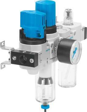 Festo 185818 service unit FRC-1/4-D-MINI-KC-A consisting of manual on/off valve, filter regulator, distributor module with pressure switch but without socket, and lubricator with mounting brackets. With automatic condensate drain and metal bowl guard. Size: Mini, Seri 185818 on Powermatic Associates