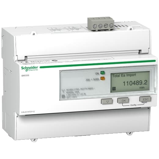 Schneider Electric A9MEM3355 Schneider Electric A9MEM3355 is a digital meter designed for energy measurement. It is part of the iEM sub-range and features an 8-digit graphic LCD display. This model is capable of direct current measurement up to 125A and supports Modbus communication, along with 1 Digital Input (DI) and 1 Digital Output (DO). It offers 4 tariffs for flexible billing options. The A9MEM3355 has an IP40 degree of protection and is mounted on a DIN rail. It operates on network types 1P+N, 3P, and 3P+N with a network frequency range of 50-60 Hz. The ambient air temperature for operation ranges from -25 to +55°C. Its sampling rate is 1,600 Hz for a 50Hz network and 1,920 Hz for a 60Hz network, with 32 samples per cycle. The meter's measurement functions include voltage and current. A9MEM3355 on Powermatic Associates