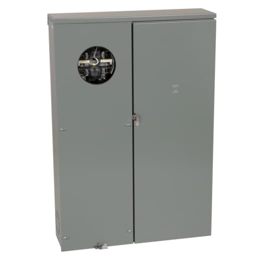 Schneider Electric QU816D400SL150 Square D by Schneider Electric QU816D400SL150 is a meter center main unit designed for surface mounting. It features a single ringless meter socket and a class 320 lever bypass. The unit is rated for a current of 400A and offers connection types including feed-thru lugs for ground and studs for line connections. Its dimensions are H1092mm x W718mm x D200mm (H43" x W28.25" x D7.87"), and it provides 8 spaces for accommodating up to 16 single pole circuits or 8 tandem breakers. QU816D400SL150 on Powermatic Associates