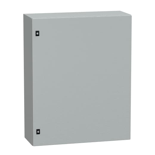 Schneider Electric NSYCRN108300 Schneider Electric NSYCRN108300 is a wall-mounted empty compact universal enclosure with a plain door, designed for versatile applications. It features a mounting mode that includes wall fixing with 4 holes, sealed with plastic plugs to ensure an IP66 and NEMA 4 degree of protection, making it suitable for demanding environments. The enclosure is constructed from steel and coated with epoxy-polyester painting for durability. It comes in grey (RAL 7035), with dimensions of 1000 mm in height, 800 mm in width, and 300 mm in depth. The enclosure is secured with a 3 mm double-bar lock type, ensuring controlled access. NSYCRN108300 on Powermatic Associates