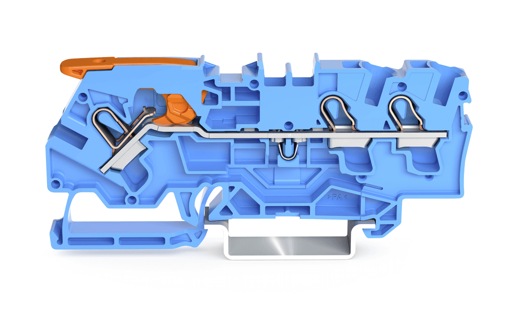 WAGO 2104-1304 2104-1304 WAGO - 3-conductor through terminal block; with lever and Push-in CAGE CLAMP®; 4 mm²; with test port; suitable for Ex i applications; side and center marking; for DIN-rail 35 x 15 and 35 x 7.5; Push-in CAGE CLAMP®; 4,00 mm²; blue 2104-1304 on Powermatic Associates
