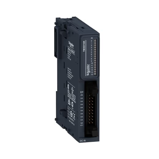 Schneider Electric TM3DI16K Schneider Electric TM3DI16K is an I/O unit categorized under the Modicon TM3 I/O modules sub-range, designed as a DC digital input module. It features a HE-10 connector for connections and operates on a supply voltage of 19-30Vdc, with 24Vdc nominal. The module can be mounted on a symmetrical rail or panel and is designed to operate within an ambient air temperature range of +14...+131°F / -10...+55 °C for horizontal installations and +14...+95°F / -10...+35 °C for vertical installations. It offers an IP20 degree of protection and has a current consumption of 5mA (at 5Vdc via bus connector at state off), 35mA (at 5Vdc via bus connector at state on), and 0mA (at 24Vdc via bus connector at state on and off). The TM3DI16K includes 16 x digital inputs (24Vdc; 7mA; Sink/Source) and is designed to withstand an ambient air temperature for storage of -13...+158°F / -25...+70 °C, with a humidity tolerance of 10-95% (without condensation in operation and in storage). TM3DI16K on Powermatic Associates