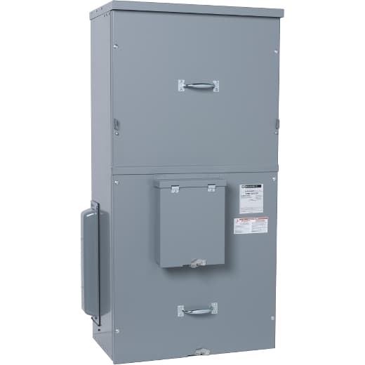 Schneider Electric EZM11200GCBT Square D by Schneider Electric EZM11200GCBT is a meter center main unit designed for surface mounting. It features a steel enclosure and aluminium busbar, offering a degree of protection rated at NEMA 3R. The dimensions of this unit are H1191mm x W602mm x D348mm (H46.9" x W23.69" x D13.69"). It operates at a rated voltage of 120Vac/240Vac and is suitable for indoor and rainproof environments, functioning as a single-phase IN metering center main unit. The rated current for both the main unit and the busbar is 1200A, supporting a network type of single-phase (1PH-3W). It accommodates a cross-section of 1 x 6AWG to 300kcmil aluminium/copper lugs for grounding. EZM11200GCBT on Powermatic Associates