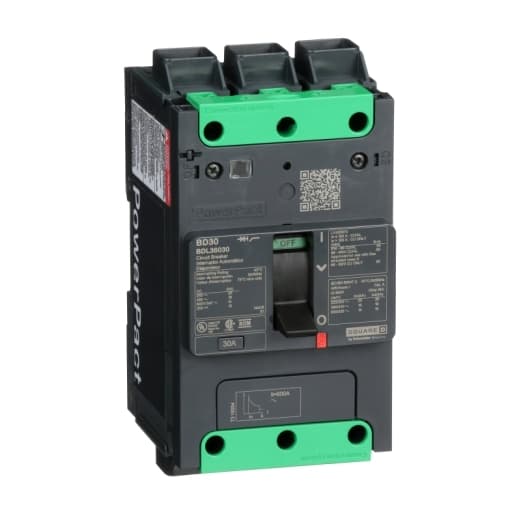 Schneider Electric BDL36030 Square D by Schneider Electric BDL36030 is a Moulded Case Circuit Breaker (MCCB) within the PowerPacT BDL sub-range, featuring a PowerPact B-Frame 100 TMD 3P 30A 600Y/347Vac 14kA design. It has a rated impulse voltage (Uimp) of 8 kV and utilizes Everlink (Creep compensating) lugs for connections on both line and load sides, offering a degree of protection of IP40. The rated current is 30A, with a rated voltage (AC) of 600Vac 600Y/347Vac. It is designed for mechanical durability of 20,000 operations at no load and can be mounted either on a DIN rail or as an individual unit on a plate. This 3-pole (3P) circuit breaker has dimensions of 137 mm in height, 80 mm in depth, and 81 mm in width. It falls under utilisation category A and features protection settings for over-current fixed at 30A, short-circuit hold current fixed at 400A, and short-circuit trip current fixed at 600A. The rated voltage (DC) is 250Vdc, with a rated insulation voltage (Ui) of 800 V and a rated operating voltage (Ue) of 525 V. It provides thermal protection for overload and magnetic protection for short-circuits, with a trip current rating of 30 AT. The electrical durability with load is rated for 10,000 operations at 440Vac; In, and it has a frame current rating of 100 AF. The operating mode is toggle (manual), and it has a short circuit breaking rating of 25kA at 240Vac, 18kA at 480Vac, 18kA at 480Y/277Vac, and 14kA at 600Y/347Vac under UL489 standards. The trip unit type is thermal-magnetic (fixed) with no display. BDL36030 on Powermatic Associates