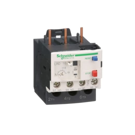 Schneider Electric LRD16 Schneider Electric LRD16, part of the LRD sub-range, is a differential thermal overload relay designed for direct connection to a contactor and features screw-clamp terminals for both upstream and control circuit connections. It is a 3 Pole device with Class 10A protection functions. The LRD16 is rated for currents between 9-13 A and offers thermal overload protection settings within the same range. It includes 1 Normally Open (NO) and 1 Normally Closed (NC) auxiliary contacts. The rated voltage for phase-to-phase operation is up to 690 V at frequencies from 0 to 400Hz. The minimum operating current is 9 A, and the maximum is 13 A. LRD16 on Powermatic Associates