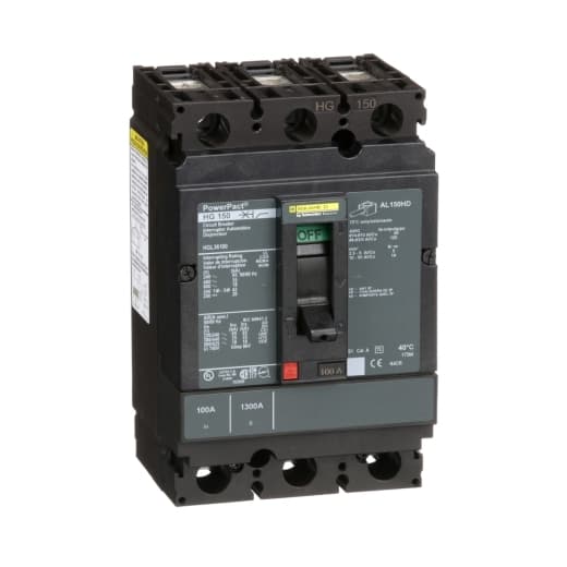 Schneider Electric HGL36100 Square D by Schneider Electric HGL36100 is a Moulded Case Circuit Breaker (MCCB) within the PowerPacT HGL sub-range, designed with a PowerPact H-Frame 150 TMD, featuring 3 poles (3P), and a rated current of 100A. It supports a rated insulation voltage (Ui) of 750 V, with AC rated voltages of 600Vac and 600Y/347Vac, alongside a DC rated voltage of 500Vdc. This unit is equipped for individual unit mount on plate installation, with dimensions of 163 mm in height, 104 mm in width, and 86 mm in depth. It offers thermal and magnetic protection functions, specifically thermal protection for overload and magnetic protection for short-circuit scenarios, with protection settings over-current fixed at 100A, short-circuit hold current fixed at 900A, and short-circuit trip current fixed at 1700A. The HGL36100 operates with a toggle (manual) mechanism, has a degree of protection of IP40, and utilizes a thermal-magnetic trip unit type without a display. Its short circuit breaking rating varies by voltage, including 65kA at 240Vac, 35kA at 480Vac and 480Y/277Vac, 18kA at 600Vac and 600Y/347Vac, and 20kA at 250Vdc and 500Vdc, all under UL489 standards. The frame current rating is 150 AF, with a trip current rating of 100 AT, and it is classified under utilisation category A. HGL36100 on Powermatic Associates