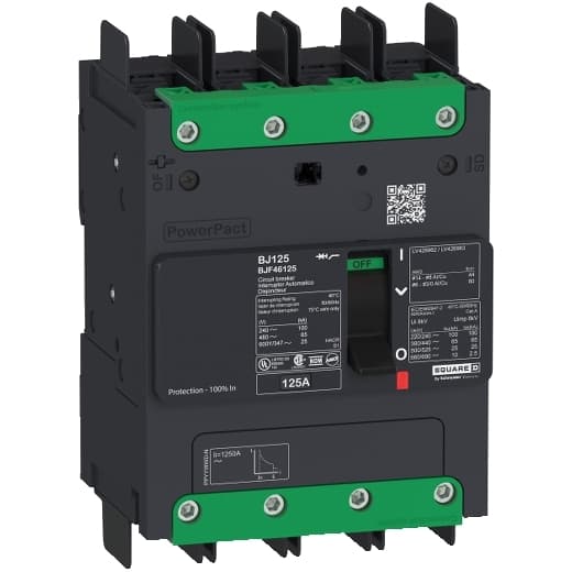 Schneider Electric BDF46100 Square D by Schneider Electric BDF46100 is a Moulded Case Circuit Breaker (MCCB) within the PowerPacT BDF sub-range, featuring a PowerPact B-Frame 100 TMD 4P-4t design. It has a rated current of 100A and operates at a rated voltage of 600Vac 600Y/347Vac, with a rated impulse voltage (Uimp) of 8 kV. This breaker is equipped with a terminal nut kit connection type for fixed busbar connection on both line and load sides and offers a degree of protection of IP40. It is designed for mounting either fixed on a DIN rail or as an individual unit mount on a plate, featuring 4 poles (4P). The MCCB has a net height of 137 mm, a net depth of 80 mm, and a net width of 108 mm. It falls under utilisation category A and provides protection settings including over-current fixed at 100A, short-circuit hold current fixed at 1000A, and short-circuit trip current fixed at 1500A. The rated insulation voltage (Ui) is 800 V, with a rated operating voltage (Ue) of 525 V, and it offers thermal and magnetic protection functions. The trip current rating is 100 AT, with a frame current rating of 100 AF. It operates via a toggle (manual) mode and has a short circuit breaking rating of 25kA at 240Vac, 18kA at 480Vac and 480Y/277Vac, 14kA at 600Y/347Vac, and 10kA at 250Vdc, all according to UL489 standards. The trip unit type is thermal-magnetic (fixed) with no display. Mechanical durability is rated at 15,000 operations at no load, and electrical durability is rated at 10,000 operations with load at 440Vac. BDF46100 on Powermatic Associates