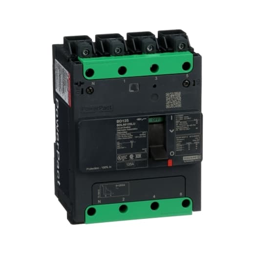 Schneider Electric BDL46125LU Square D by Schneider Electric BDL46125LU is a Moulded Case Circuit Breaker (MCCB) within the PowerPacT BDL sub-range, featuring a PowerPact B-Frame 125 TMD 4P 125A design for 600Y/347Vac with a 14kA breaking capacity and Everlink (Creep compensating) lugs on both line and load sides, plus a Control Wire terminal (CWT) on the line side only. It has a rated impulse voltage (Uimp) of 8 kV and offers an IP40 degree of protection. The rated current is 125A, with a rated voltage (AC) of 600Vac 600Y/347Vac. It boasts a mechanical durability of 20,000 operations at no load and can be mounted on a DIN rail or as an individual unit on a plate. This 4-pole (4P) circuit breaker has dimensions of 137 mm in height, 80 mm in depth, and 108 mm in width. It falls under utilisation category A and features over-current protection fixed at 125A, short-circuit hold current fixed at 1000A, and short-circuit trip current fixed at 1500A. The rated voltage (DC) is 250Vdc, with a rated insulation voltage (Ui) of 800 V and a rated operating voltage (Ue) of 525 V. Its protection functions include thermal protection for overload and magnetic protection for short-circuits, with a trip current rating of 125 AT. The electrical durability with load is rated at 10,000 operations at 440Vac; In. The frame current rating is 125 AF, and it operates via a toggle (manual) mode. The short circuit breaking rating varies by voltage: 25kA at 240Vac, 18kA at 480Vac and 480Y/277Vac, and 14kA at 600Y/347Vac, all according to UL489 standards. The trip unit type is thermal-magnetic (fixed) with no display. BDL46125LU on Powermatic Associates