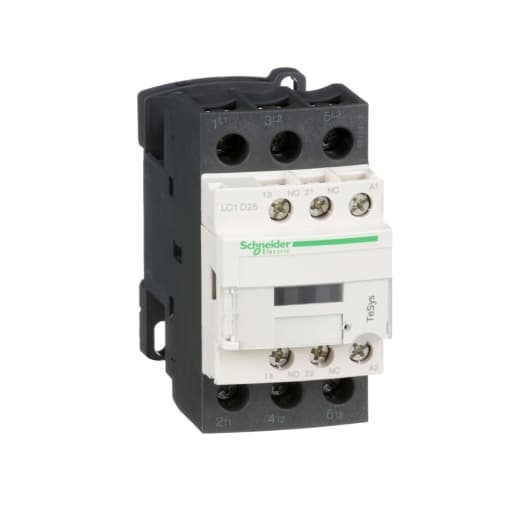 Schneider Electric LC1D25B7 Schneider Electric LC1D25B7 is a magnetic contactor from the Deca sub-range, featuring screw connections and designed with 3 poles (3P; 3NO). It has a rated current of 40A for AC-1 and 25A for 440Vac in AC-3 conditions. This contactor is suitable for DIN rail mounting and has a net width of 45 mm. It offers a degree of protection of IP20 and operates within control voltage ranges of 19.2-26.4Vac (24Vac nominal; 50Hz; 0.8...1.1 x Uc) and 20.4-26.4Vac (24Vac nominal; 60Hz; 0.85...1.1 x Uc). The rated operating voltage (Ue) is up to 690 V, and it includes 1 Normally Open (NO) auxiliary contact. The rated impulse voltage (Uimp) is 6 kV, and it can handle rated active power ranging from 5.5kW at 220-230Vac to 15kW at 660-690Vac in AC-3 conditions. It also features 1 Normally Closed (NC) auxiliary contact with contacts type of 1NO+1NC instantaneous aux. The rated power in horsepower (HP) varies from 2HP at 115Vac to 20HP at 575-600Vac, covering both single-phase and 3-phase configurations. Its mechanical durability is rated at 15 million operations at no load, and its electrical durability is rated at 1.6 million operations with load. The rated voltage for phase-to-phase is 690 V. LC1D25B7 on Powermatic Associates