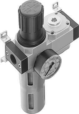 Festo 185713 service unit LFR-3/8-D-MIDI-KA consisting of filter regulator and distributor module, with mounting brackets. With manual condensate drain. Size: Midi, Series: D, Actuator lock: Rotary knob with lock, Assembly position: Vertical +/- 5°, Grade of filtratio 185713 on Powermatic Associates