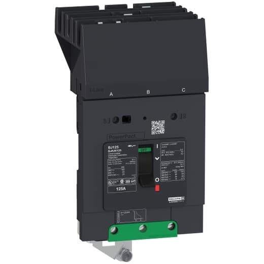 Schneider Electric BDA36110 Square D by Schneider Electric BDA36110 is a Moulded Case Circuit Breaker (MCCB) within the PowerPacT BDA sub-range, featuring a PowerPact B-Frame 125 TMD 3P 110A design for 600Y/347Vac with a 14kA I-line ABC 80% rated. It has an I-line connection for ABC phases, offers a degree of protection of IP40, and is rated for a current of 110A and a voltage of 600Vac 600Y/347Vac. This MCCB has a mechanical durability of 20,000 operations at no load and mounts on I-line with line side isolated plug-on jaws plus a mechanical I-Line bracket mechanism. It is a 3-pole (3P) device with dimensions of 137 mm in height, 89 mm in depth, and 81 mm in width. The utilisation category is A, and it features over-current protection fixed at 110A, short-circuit hold current protection fixed at 1000A, and short-circuit trip current protection fixed at 1500A. The rated voltage for DC applications is 250Vdc, with a rated insulation voltage (Ui) of 800 V, and a rated operating voltage (Ue) of 525 V. It includes thermal protection for overload and magnetic protection for short-circuit, with a trip current rating of 110 AT. The electrical durability with load is 10,000 operations at 440Vac; In, and it has a frame current rating of 125 AF. The operating mode is toggle (manual), and it has a short circuit breaking rating of 25kA at 240Vac, 18kA at 480Vac, 18kA at 480Y/277Vac, 14kA at 600Y/347Vac, and 10kA at 250Vdc, all according to UL489. The trip unit type is thermal-magnetic (fixed) with no display. BDA36110 on Powermatic Associates