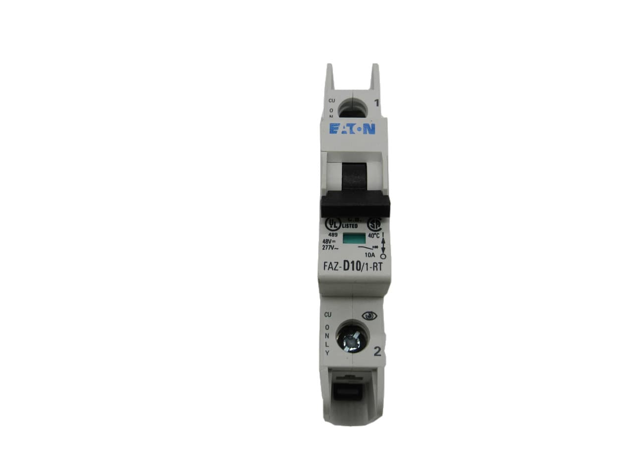 Eaton FAZ-D10/1-RT-SP 277/480 VAC 50/60 Hz, 10 A, 1-Pole, 10/14 kA, 10 to 20 x Rated Current, Ring Tongue Terminal, DIN Rail Mount, Single Packaging, D-Curve, Current Limiting, Thermal Magnetic FAZ-D10/1-RT-SP on Powermatic Associates