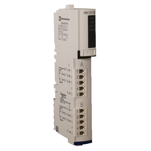 Schneider Electric STBDRC3210K Schneider Electric STBDRC3210K is an I/O unit categorized under the Modicon STB I/O modules sub-range, designed as a standard module. This AC digital output module features a connection type of 2 x 5-pin screw or spring terminal block. It supports a supply voltage of 93-138Vac (115Vac nominal) or 170-276Vac (230Vac nominal) for AC and 19-30Vdc (24Vdc nominal) for DC. The unit is designed for DIN rail mounting when used with a mounting base and operates within an ambient air temperature range of -13 to +158°F (-25 to +70°C). It has an IP20 degree of protection and includes 2 x digital outputs (24Vdc / 115-230Vac 2A; NO/NC relay contact outputs). The current consumption is 55mA at 5Vdc via bus, and it features protection functions against short circuit and overload. The module can operate in environments with up to 95% humidity at 140°F (60°C) without condensation. STBDRC3210K on Powermatic Associates