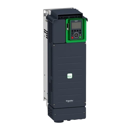 Schneider Electric ATV630D15M3 Schneider Electric ATV630D15M3 is a Variable Speed/Frequency Drive (VSD/VFD) / Inverter from the Altivar Process 630 series. It features STO (Safe Torque Off up to SIL3), constant and variable load torque standards, optimized torque mode for PM (permanent magnet) motors, and sensorless estimated flow rate. This model provides accurate measurement and installation energy drift detection, along with embedded Ethernet for direct access to system configuration and monitoring. It integrates actual pump curves to optimize system operating points and limits overvoltage at motor terminals. The ATV630D15M3 offers continuous and historical real-time measurements with customizable dashboards, alongside predictive and preventive maintenance tracking functions. It is ATEX compliant, operates on a supply voltage of 170-264Vac, and has dimensions of H673mm x W226mm x D271mm. With an IP21 UL type 1 degree of protection, it supports wall mounting. The rated current is 63.4A (normal-duty; 4kHz), 46.8A (heavy-duty; 4kHz), with a maximum current of 69.7A (normal-duty; for 60s) and 70.2A (heavy-duty; for 60s). Communication protocols include Modbus, Modbus TCP, and Ethernet on a 3-phase network with an output frequency of 0.1-500 Hz. It features 2 x analog outputs, 4 x digital inputs plus 2 additional digital inputs programmable as pulse inputs, 1 x digital input for STO, 1 x digital output, and 2 x relay contacts for digital outputs, along with 3 x analog inputs supporting various signal types. Current consumption varies by duty and supply voltage, with rated active power of 15kW (normal-duty) and 11kW (heavy-duty), corresponding to 20HP and 15HP respectively. ATV630D15M3 on Powermatic Associates