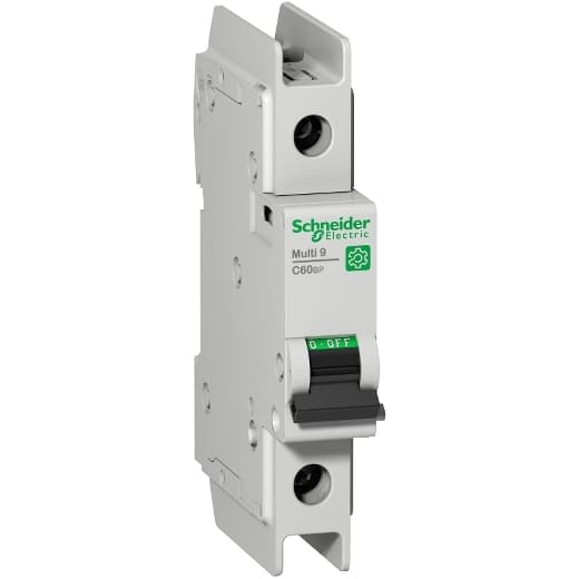Schneider Electric M9F44170 Schneider Electric M9F44170 is a Miniature Circuit Breaker (MCB) within the C60BP sub-range, designed to comply with UL489 standards. It features a single pole configuration and offers a rated current of 0.5A. The MCB is equipped with a rated insulation voltage (Ui) of 500V, a DC rated voltage of 60Vdc, and an AC rated voltage of 240V phase-to-neutral and 415V phase-to-phase. It has a rated impulse voltage (Uimp) of 6kV. The short circuit breaking rating is specified at 14kA AIR for both 120Vac and 240Vac, and 10kA AIR for 277Vac and 60Vdc. This model protects one pole and utilizes a Z tripping curve. M9F44170 on Powermatic Associates