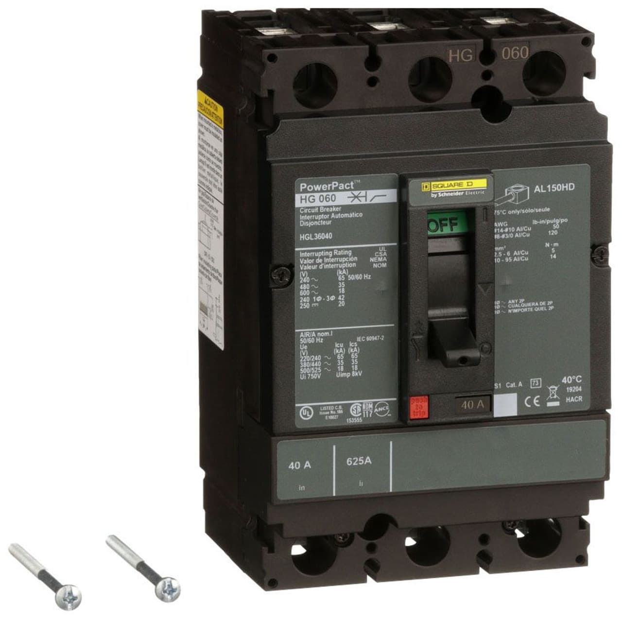 Schneider Electric HJL36040 Square D by Schneider Electric HJL36040 is a Moulded Case Circuit Breaker (MCCB) within the PowerPacT HJL sub-range, featuring a PowerPact H-Frame 150 TMD 3P 40A 600Vac/250Vdc 25kA design. It is equipped with lugs on both load and line sides for connection, and it operates with three poles (3P). This MCCB offers thermal protection for overload scenarios and magnetic protection against short-circuits. It has a rated current of 40A, with a rated insulation voltage (Ui) of 750 V, and it can handle rated voltages of 600Vac 600Y/347Vac and 250Vdc. The unit is designed for individual mounting on a plate, with dimensions of 163 mm in height, 104 mm in width, and 86 mm in depth. It provides an IP40 degree of protection and features a manual toggle operating mode. Protection settings include over-current fixed at 40A, short-circuit hold current fixed at 400A, and short-circuit trip current fixed at 850A. The rated operating voltage (Ue) is 690 V, with a rated impulse voltage (Uimp) of 8 kV. The trip current rating is 40 AT, with a frame current rating of 150 AF. Its short circuit breaking rating varies with voltage, offering 100kA at 240Vac, 65kA at 480Vac and 480Y/277Vac, 25kA at 600Vac and 600Y/347Vac, and 20kA at 250Vdc, all in accordance with UL489 standards. The trip unit type is thermal-magnetic (fixed), and it does not include a display. The utilisation category is A. HJL36040 on Powermatic Associates