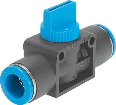 Festo 153978 shut-off valve HE-3-QS-3/8-U Valve function: 3/2 bistable, Pneumatic connection, port  1: QS-3/8, Pneumatic connection, port  2: QS-3/8, Type of actuation: manual, Mounting type: (* Direct mounting via through-holes, * Line installation, * Optional) 153978 on Powermatic Associates