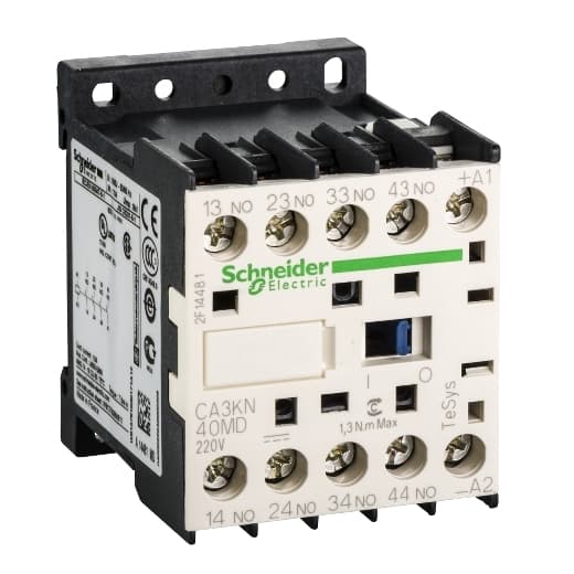 Schneider Electric CA3KN40MD Schneider Electric CA3KN40MD is a contactor designed with a mechanical durability of 20,000,000 operations and an operating rate of 10,000 cycles/hour. It features a mounting mode that accommodates both plate and DIN rail installations. This part falls under the utilisation categories AC-15 and DC-13, indicating its suitability for specific types of electrical loads. It is equipped with four SPST-NO (Single Pole Single Throw - Normally Open) contacts and utilizes screw clamp terminals for secure wire connections. CA3KN40MD on Powermatic Associates