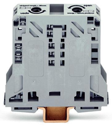WAGO 285-150 285-150 WAGO - POWER CAGE CLAMP feedthrough terminal block; DIN 35 x 15 rail mount; 2-conductor; 2/0 AWG fine-stranded, 1/0 AWG solid/stranded; 20 mm wide; gray 285-150 on Powermatic Associates