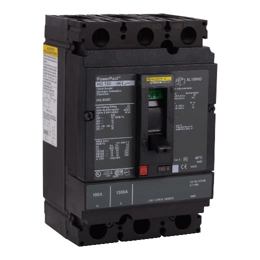 Schneider Electric HGL36100T Square D by Schneider Electric HGL36100T is a Moulded Case Circuit Breaker (MCCB) within the PowerPacT HGL sub-range, featuring a removable/interchangeable trip unit PowerPacT H-Frame 150 TMD 3P 100A. It is designed for 600Vac/500Vdc with a rated current of 100A and offers thermal protection (overload) and magnetic protection (short-circuit). This 3-pole circuit breaker has lugs on both load and line sides for connection, a rated insulation voltage (Ui) of 750 V, and operates with a toggle (manual) mechanism. It is designed for individual unit mount on plate, with a net height of 163 mm, width of 104 mm, and depth of 86 mm. The degree of protection is IP40. Its protection settings include over-current fixed at 100A, short-circuit hold current fixed at 900A, and short-circuit trip current fixed at 1700A. The rated operating voltage (Ue) is 690 V, with a rated impulse voltage (Uimp) of 8 kV. The trip current rating is 100 AT, and the frame current rating is 150 AF. It has a short circuit breaking rating of up to 65kA at 240Vac, 35kA at 480Vac, 18kA at 600Vac, and 20kA at 500Vdc, according to UL489 standards. The trip unit type is thermal-magnetic (fixed) without a display, and it falls under utilisation category A. HGL36100T on Powermatic Associates